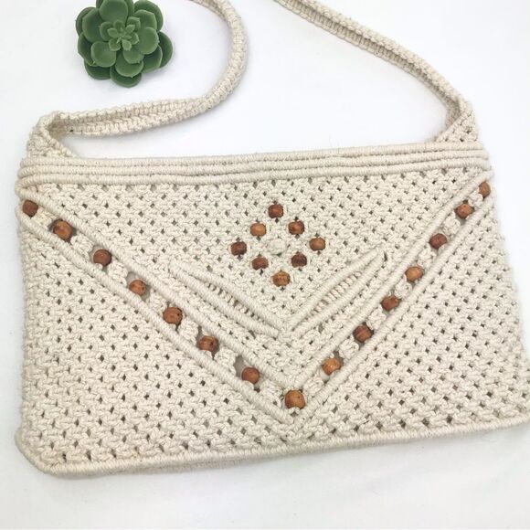 Cream Crochet Beaded Retro Boho Festival Shoulder Bag - Picture 2 of 11
